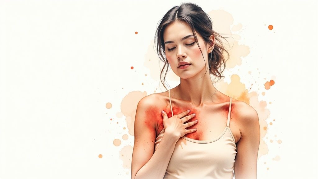 A person gently massaging their own shoulder to relieve muscle tension and spasms.