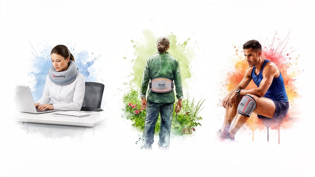 Three individuals using SunyBoy heating packs: a woman at a desk, a man gardening, and a man exercising.