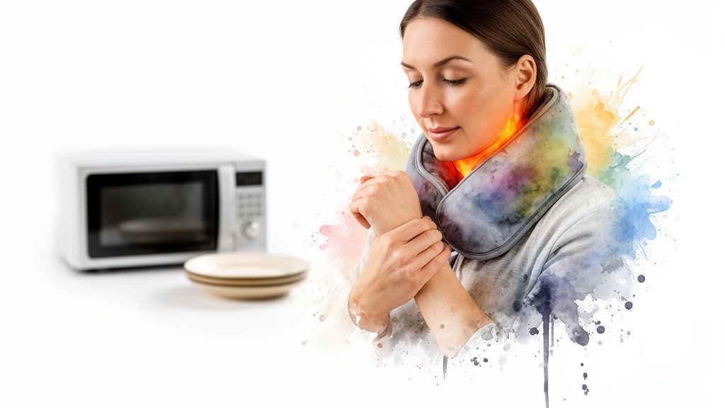A woman finds relief with a warm, microwavable neck wrap for pain, with a microwave in the background.