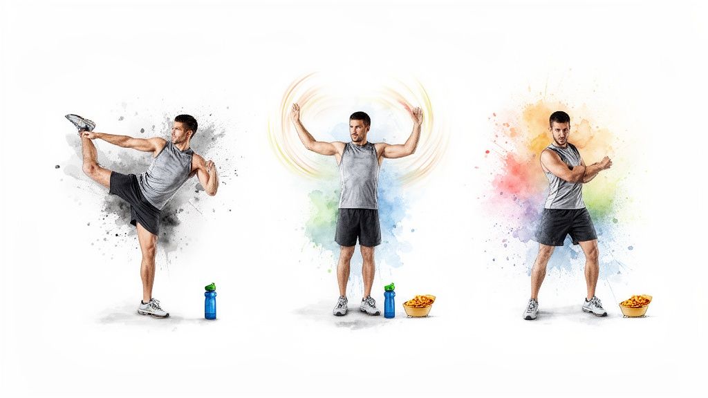 A triptych of a man exercising in different poses, surrounded by colorful watercolor splashes and fitness items.