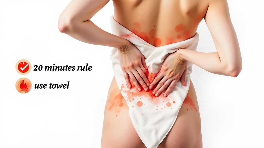 Person with red skin rash on back and hips holds a towel, with text '20 minutes rule' and 'use towel'.