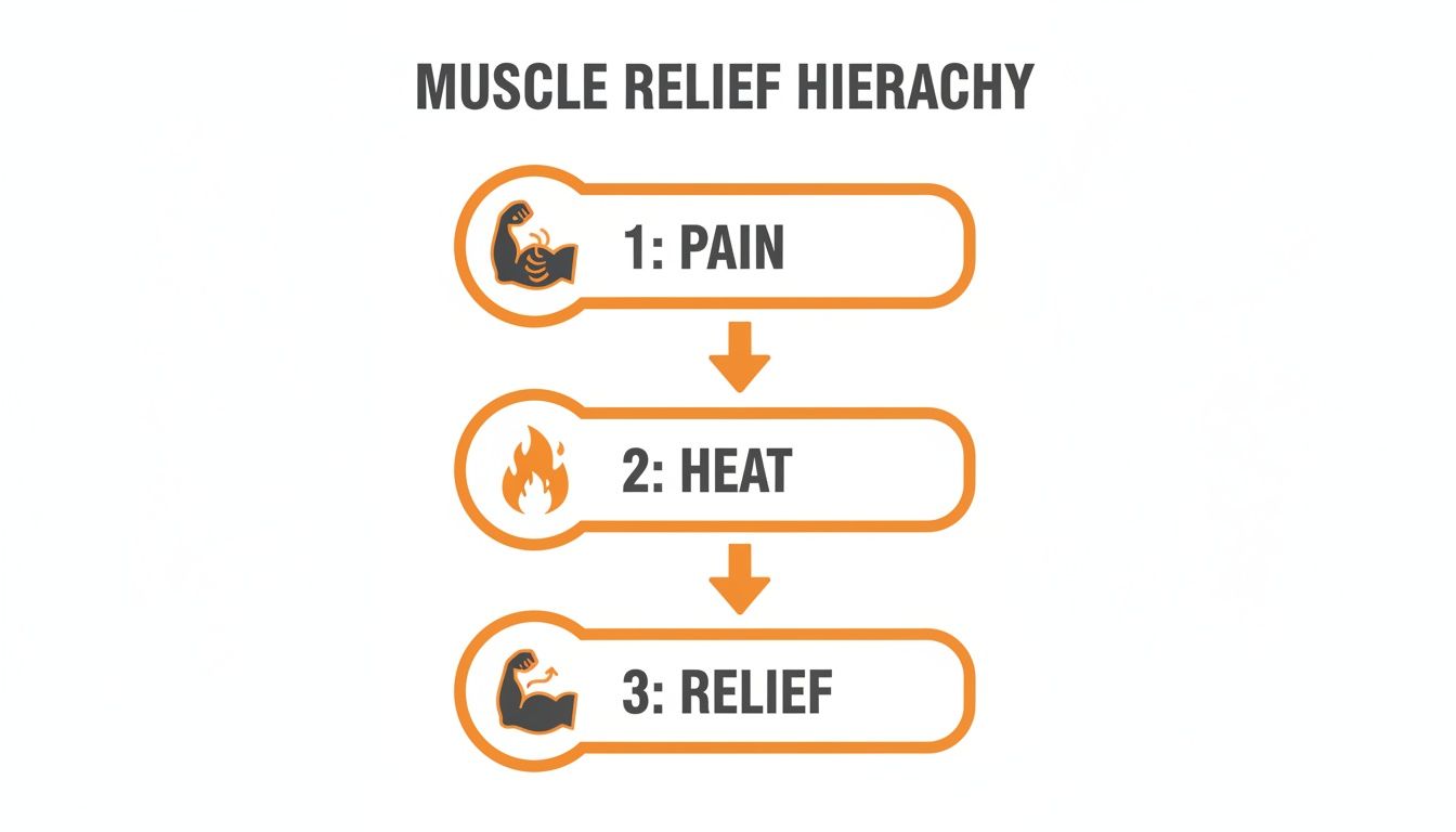 Flowchart illustrating the muscle relief process from pain to relief through heat therapy.