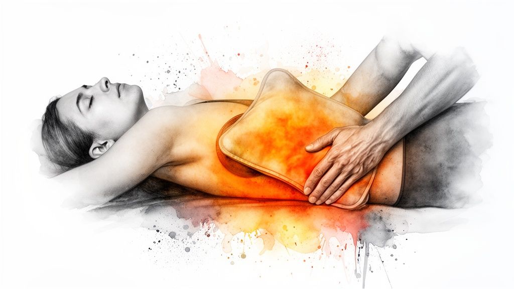 Warm compress applied to a person's back, symbolizing natural pain relief and improved circulation.