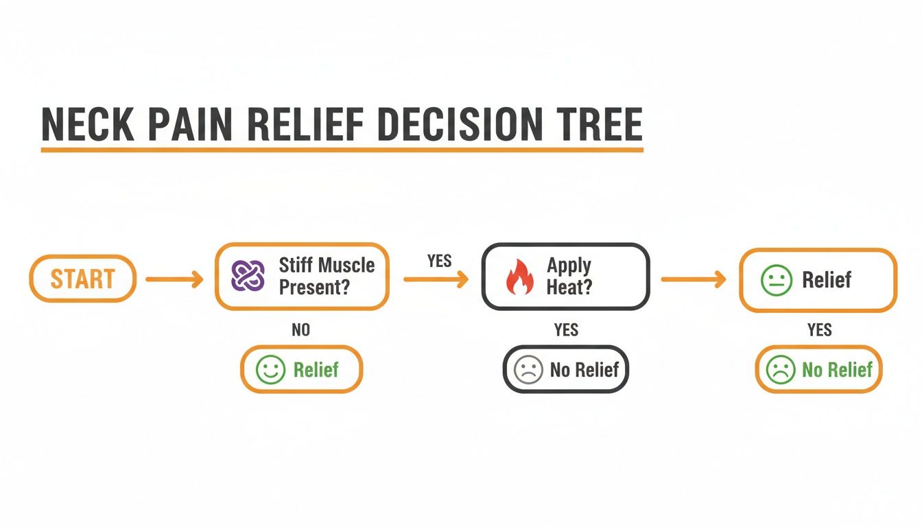 Decision tree flowchart for neck pain relief, addressing stiff muscles and heat application for outcomes.