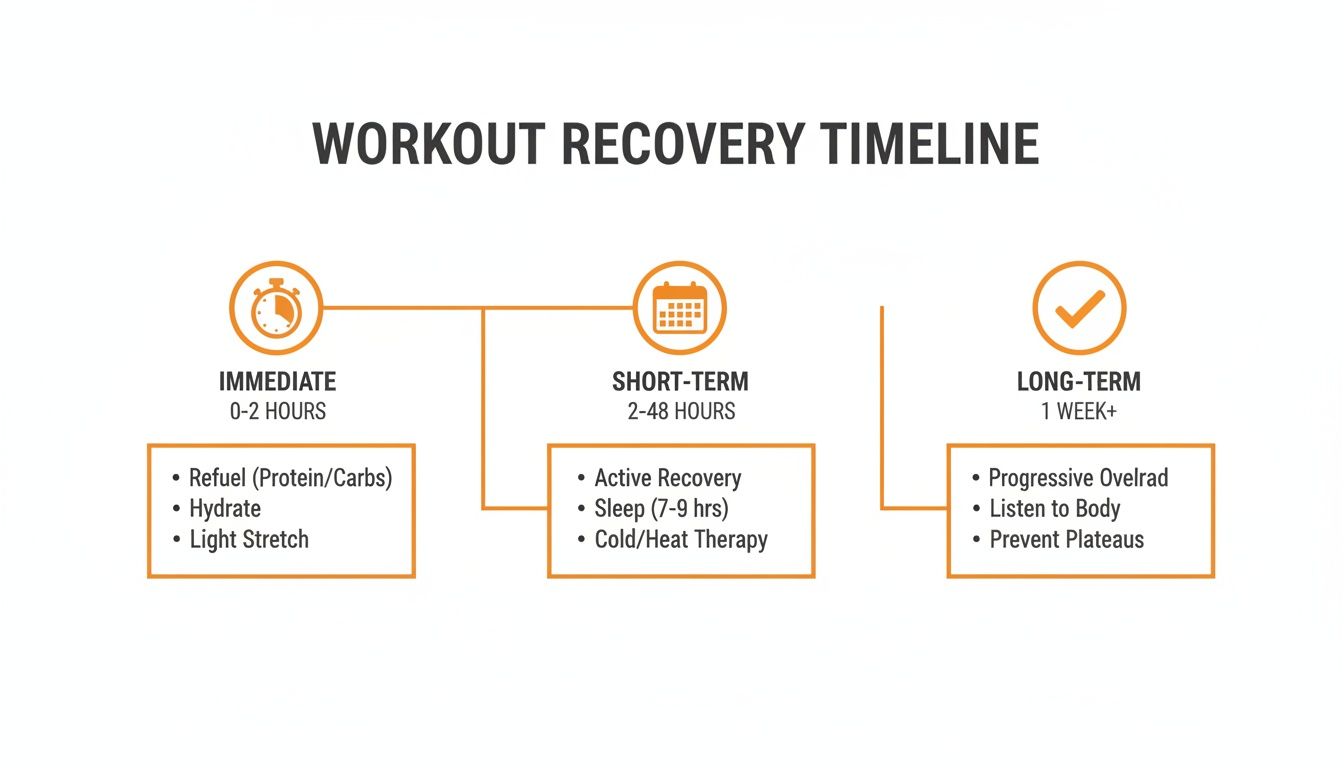 A workout recovery timeline showing immediate, short-term, and long-term actions for muscle recovery.
