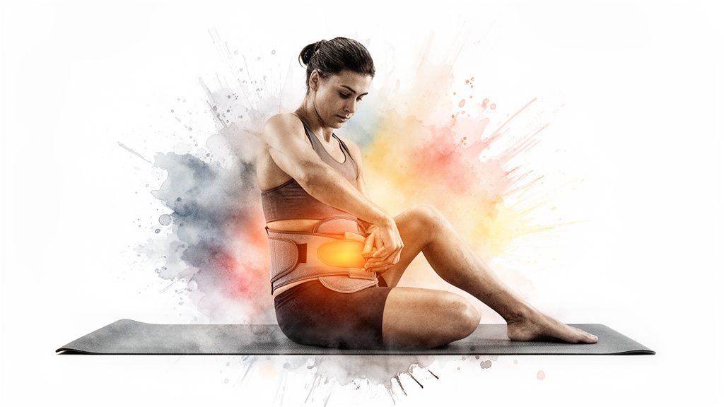 Athlete with back pain uses a support brace on a yoga mat with vibrant background.