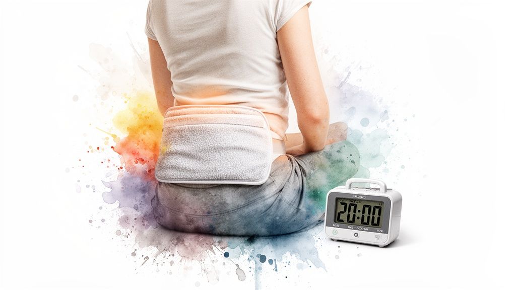 A person applies a grey heating pad to their lower back for pain relief, with a timer.