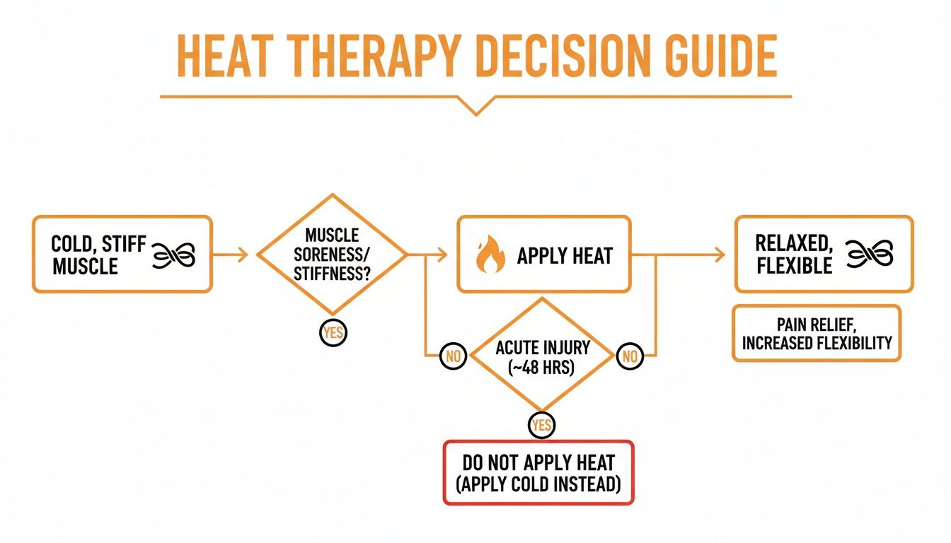 Diagram showing a stiff muscle, the application of heat, and the resulting relaxed muscle with increased blood flow.