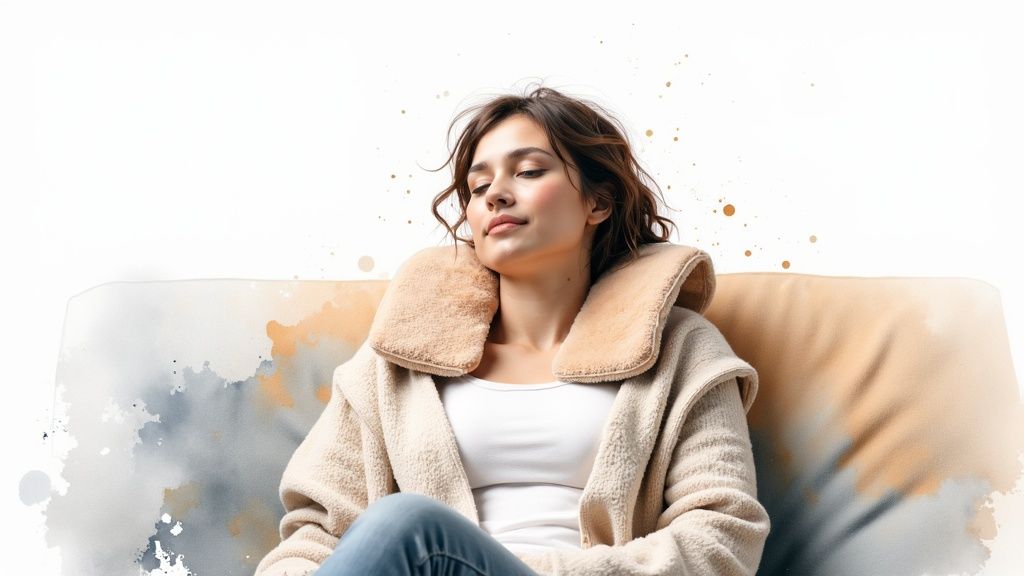 A person relaxing with a heating pad on their neck.