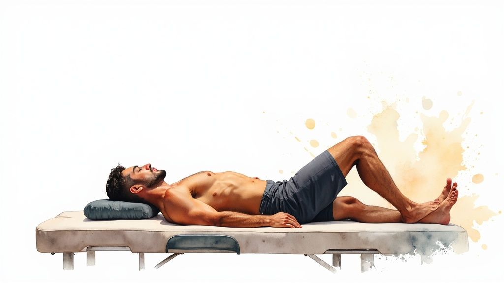 A woman relaxing with a flaxseed heating pad on her lower back.