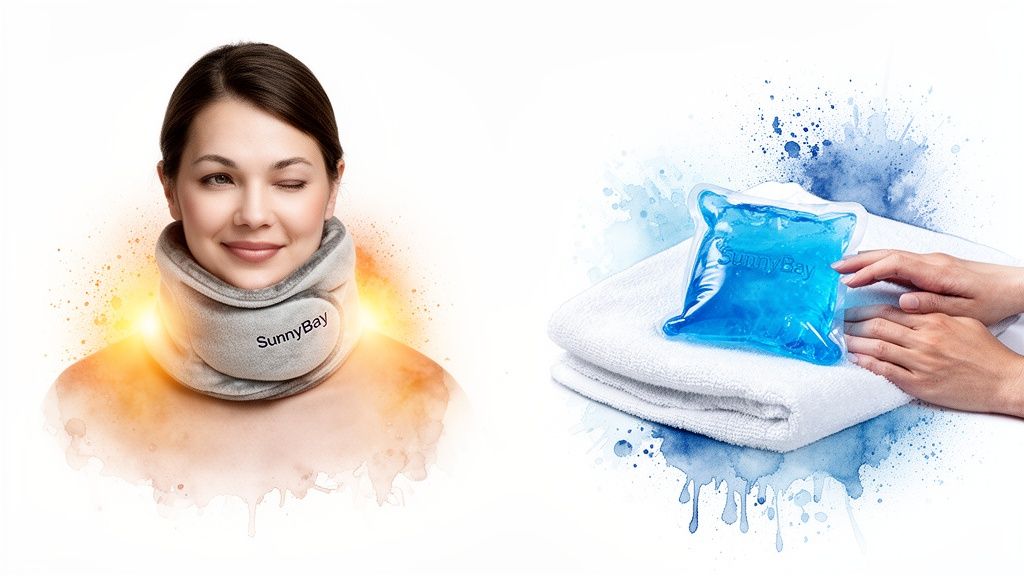 SunnyBay neck brace and gel pack demonstrating hot and cold therapy for pain relief.