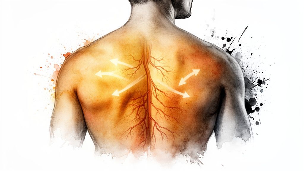 Illustration of a human back with visible nerves branching from the spine and radiating arrows.