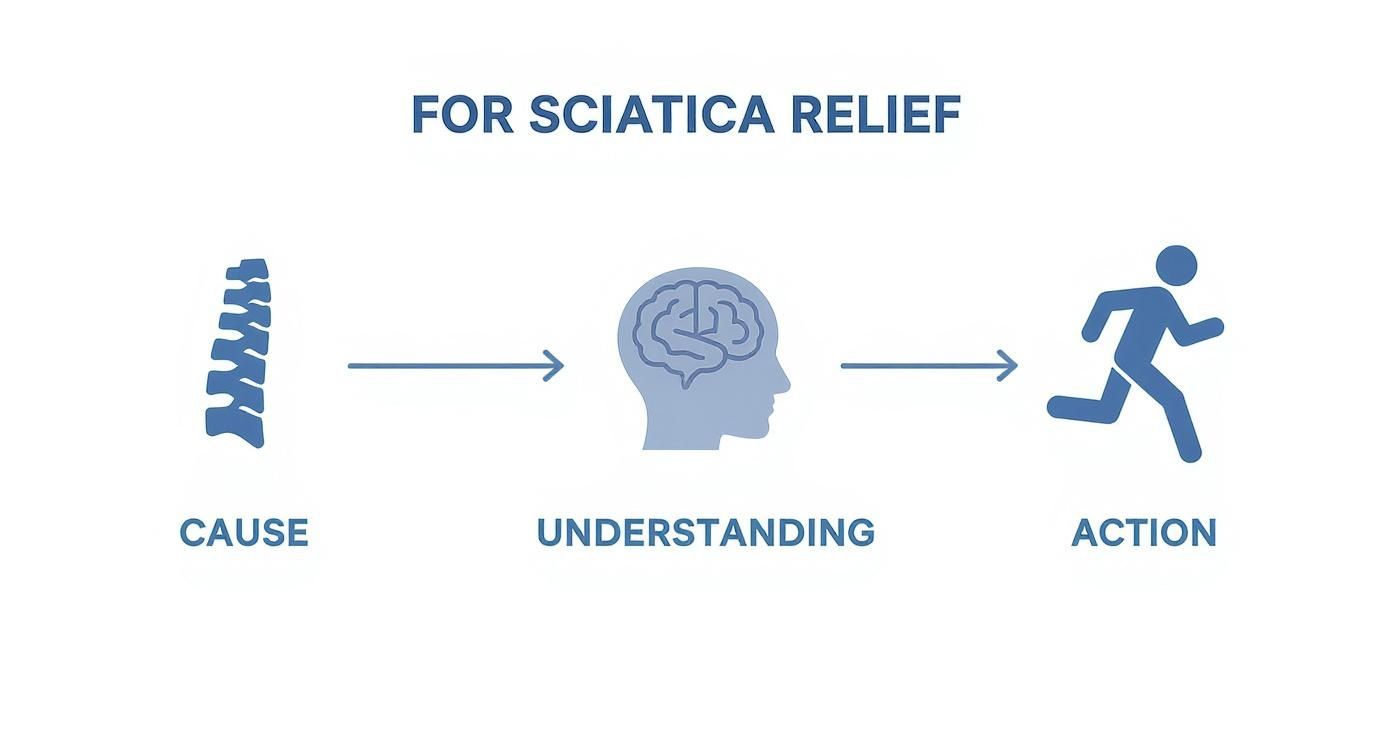 Flowchart illustrating the process from cause to understanding to action for sciatica relief.