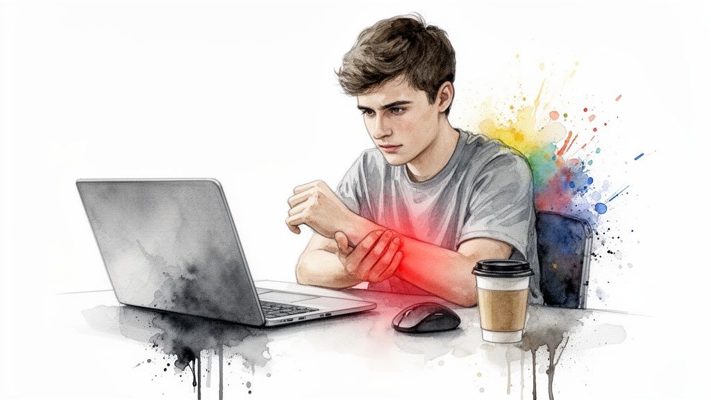 A young man experiencing wrist pain while using a laptop, illustrated with watercolor splashes and red glow.