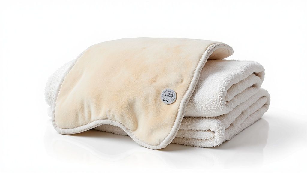 A woman choosing between different heating pad features like material and size.
