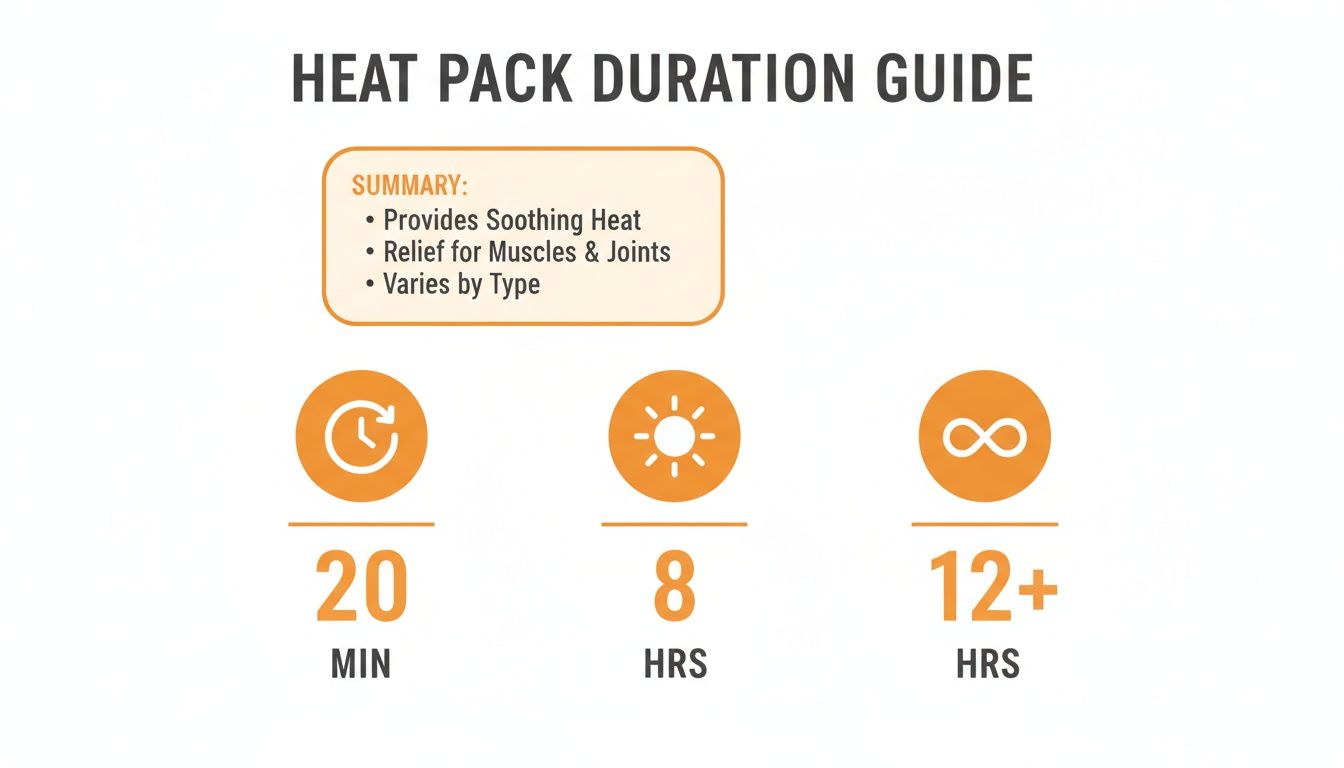 A heat pack duration guide showing a summary, 20 minutes, 8 hours, and 12+ hours options.