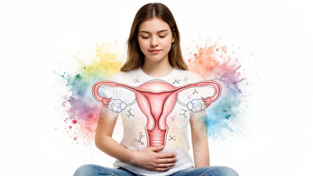 Young woman with closed eyes, hands on abdomen, superimposed with a female reproductive system illustration and colorful molecular art.