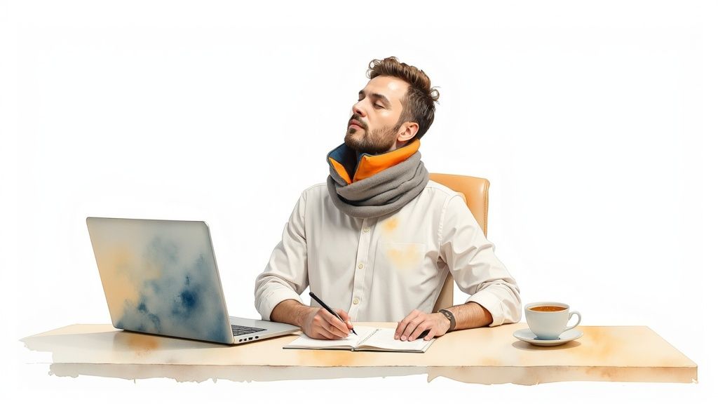 Man wearing a grey and orange neck wrap rests at his desk while writing in a notebook.