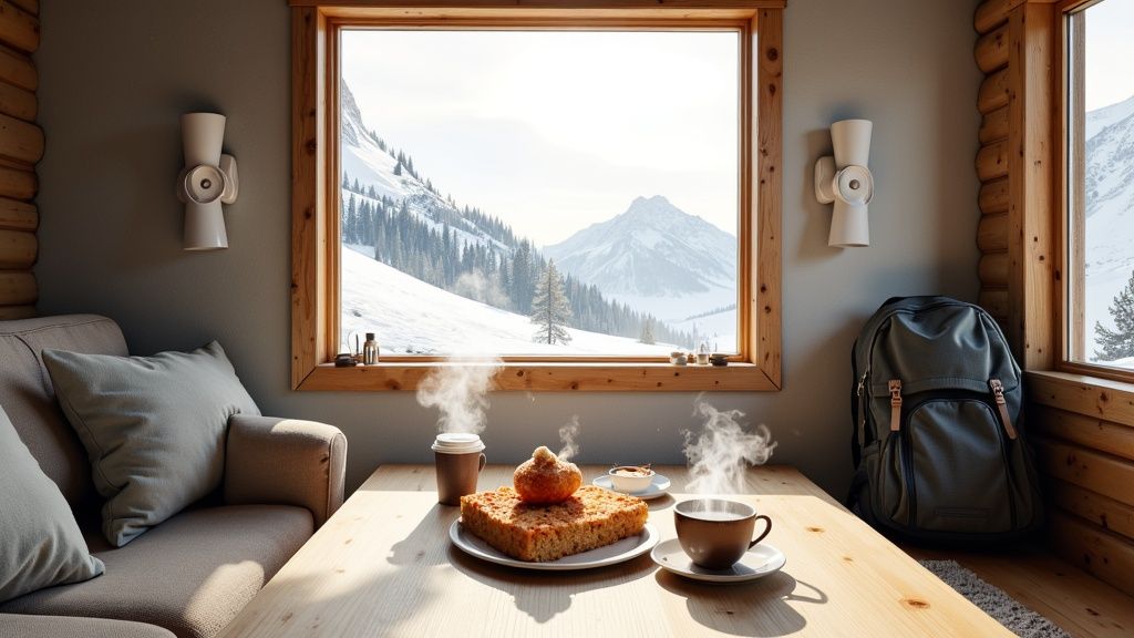 Hiker recharging a hand warmer at a mountain lodge