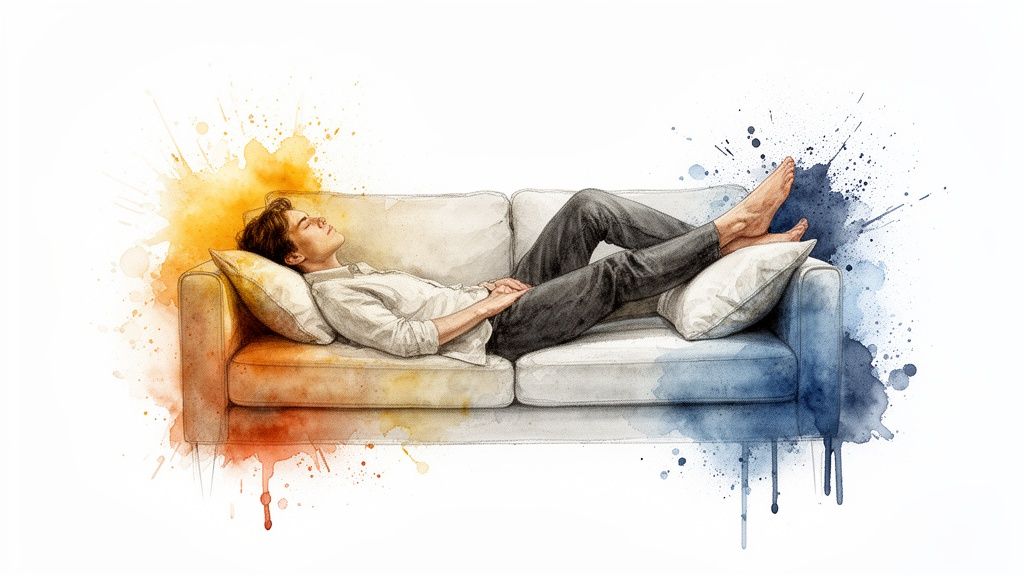 Watercolor illustration of a person sleeping on a sofa, with one side warm orange and the other cool blue.
