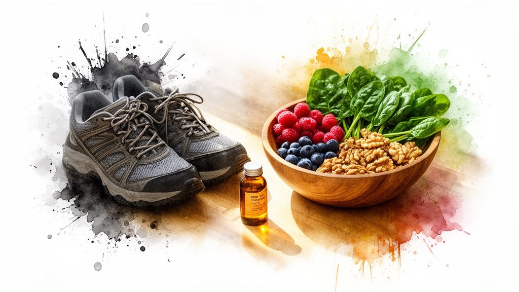 Running shoes, a bowl of spinach, berries, walnuts, and a supplement bottle for natural wellness.