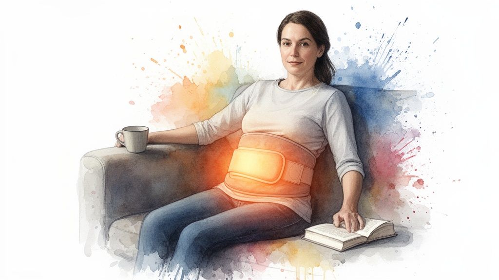 Woman on a couch uses a glowing heating pad for period cramp relief, holding a mug and book.