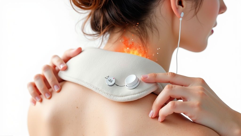 A person relaxing with a heating pad draped safely over their neck and shoulders.