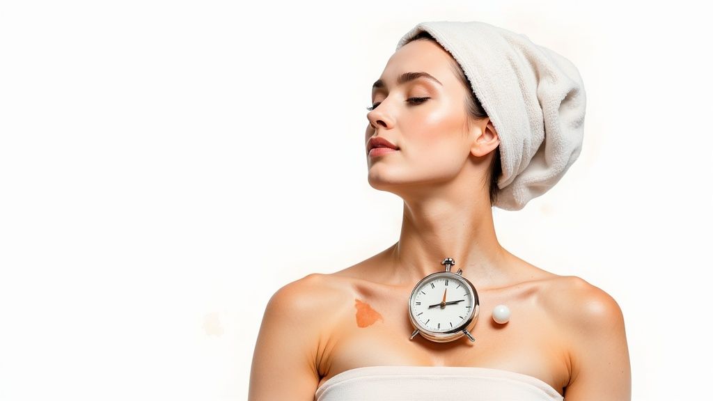 Woman with towel on head holding clock near chest during skincare beauty routine