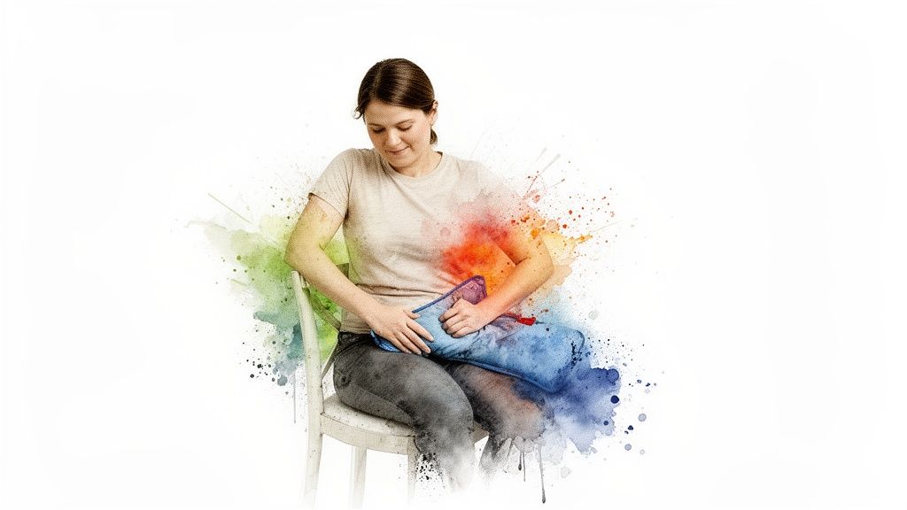 Woman applying a heating pad to her lower abdomen for comfort, surrounded by watercolor splatters.