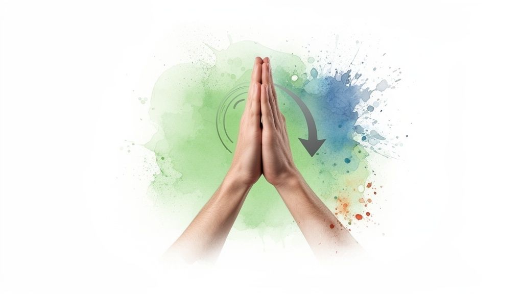 Hands pressed together in a prayer-like position against vibrant watercolor splatters with a circular arrow.