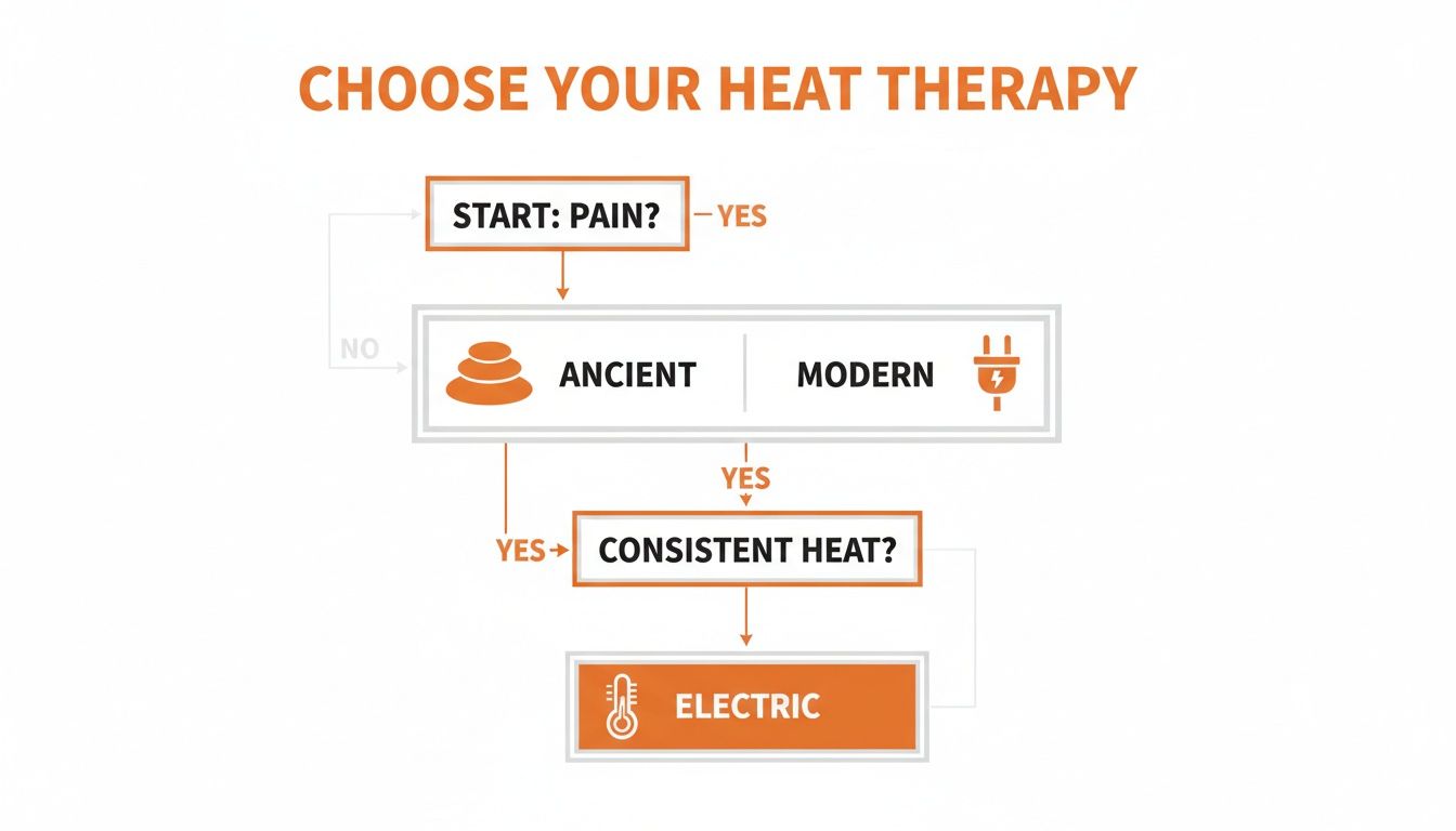 A flowchart titled 'Choose Your Heat Therapy' guides users on selecting ancient, modern, or electric heat therapy.