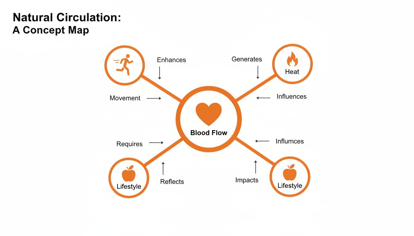 A concept map showing how blood flow interacts with movement, heat, and lifestyle for natural circulation.