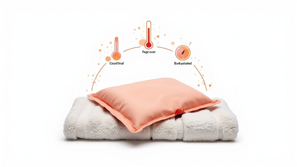 A peach heat pack on a white fluffy blanket with icons illustrating varying temperature levels.