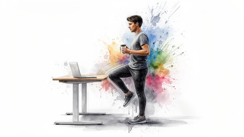 Watercolor illustration of a man doing light exercise at a standing desk with a laptop and coffee.