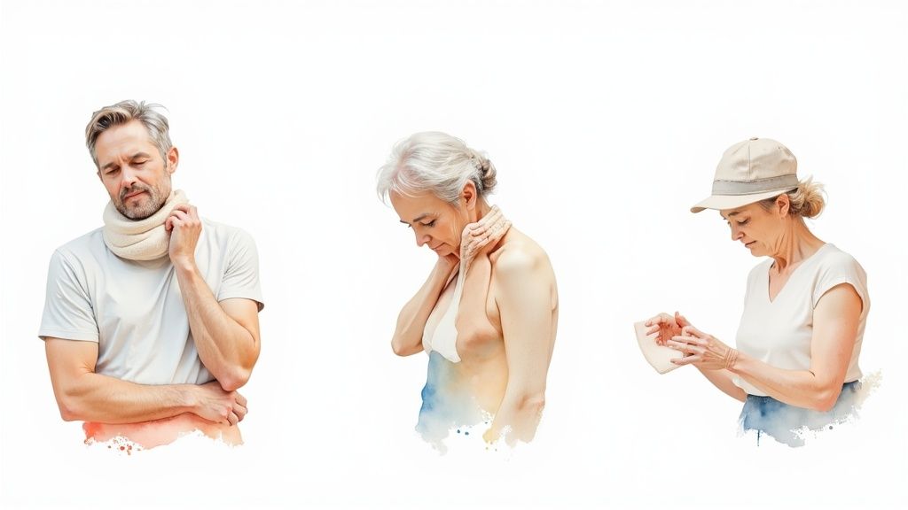 Three individuals experiencing neck and shoulder discomfort, suggesting pain relief or heat therapy.