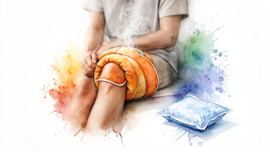 A person applies a steaming hot compress to their knee for pain relief, with a cold pack nearby.
