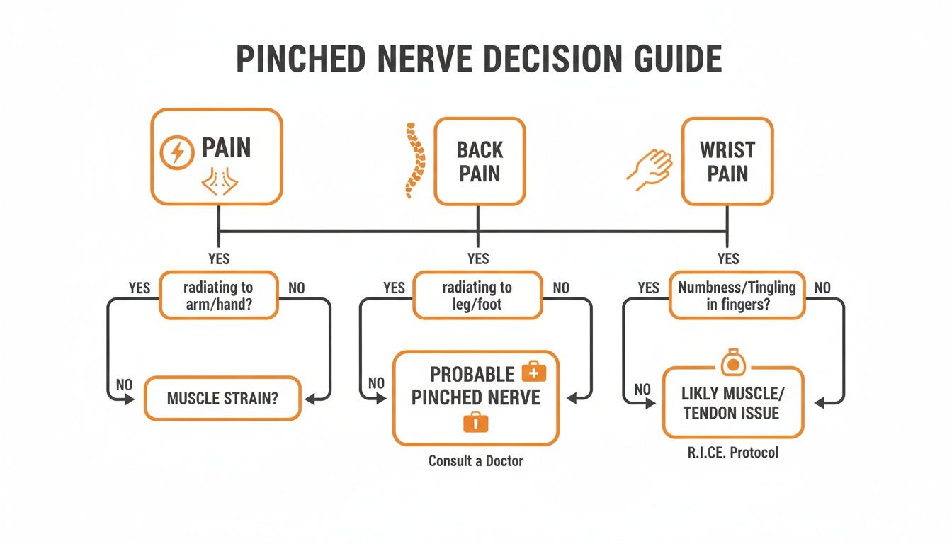 Decision guide flowchart to help identify symptoms of a pinched nerve, muscle strain, or tendon issue.