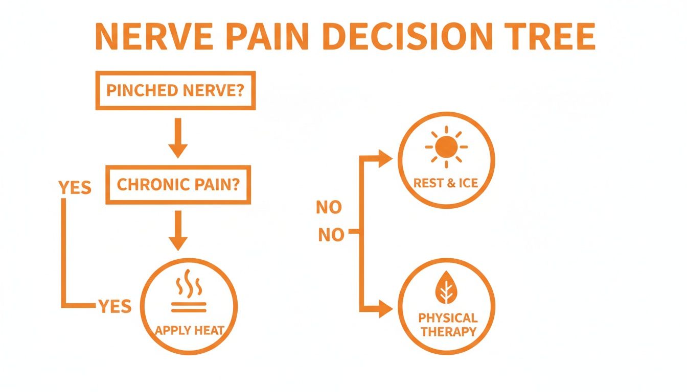 Flowchart detailing a nerve pain decision tree, starting with pinched nerve, then chronic pain, leading to various treatments.