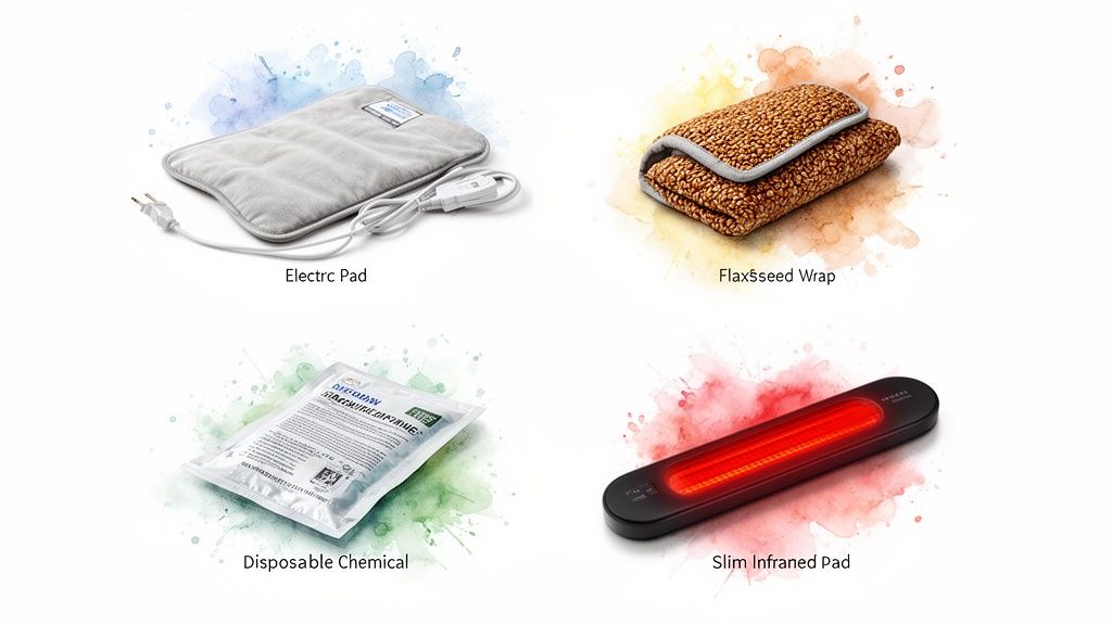 Four distinct heating solutions: an electric pad, a flaxseed wrap, a disposable chemical pack, and a slim infrared device.