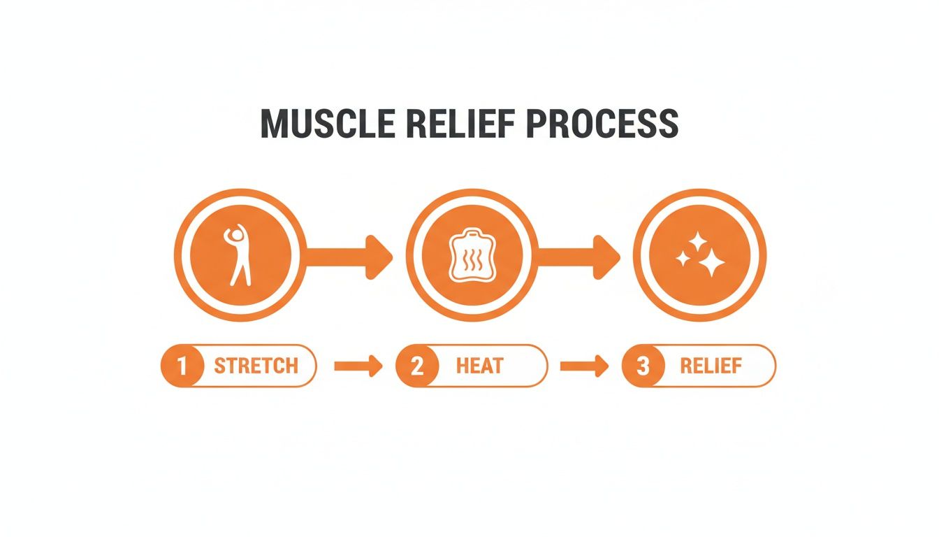 Infographic detailing a 3-step muscle relief process: stretch, apply heat, and achieve relief.