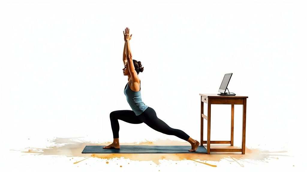 A woman in a yoga lunge pose on a mat, watching a tablet on a wooden table.