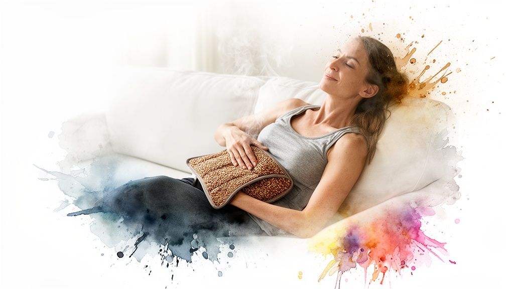 A relaxed woman on a white couch applies a warm flax seed heat pad to her abdomen.