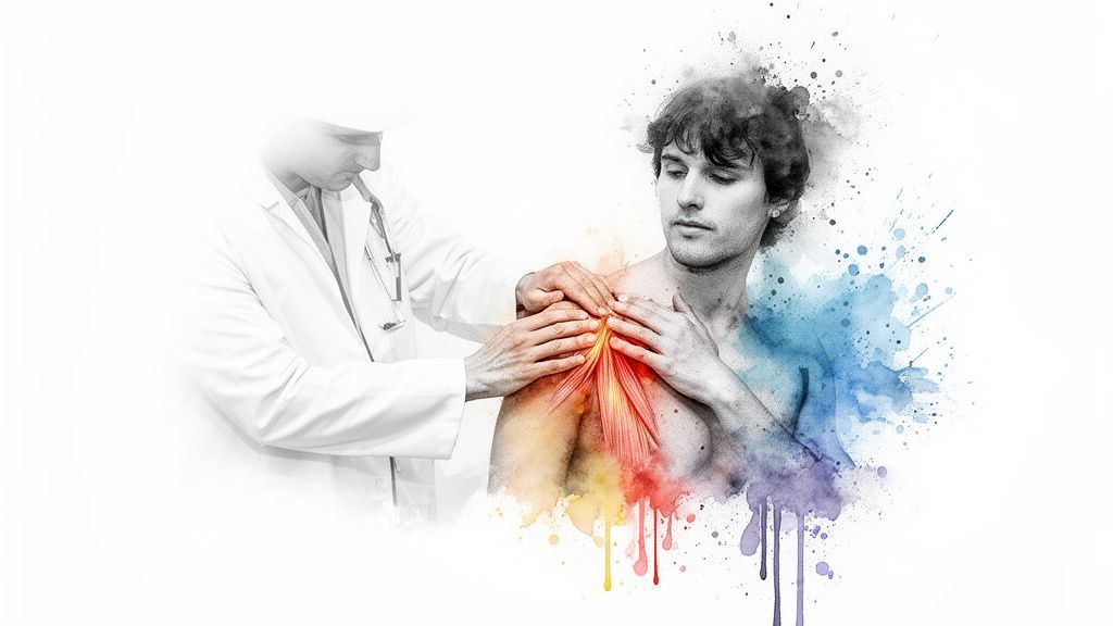Doctor examining a man's shoulder for pain, highlighting muscles with colorful watercolor effects.