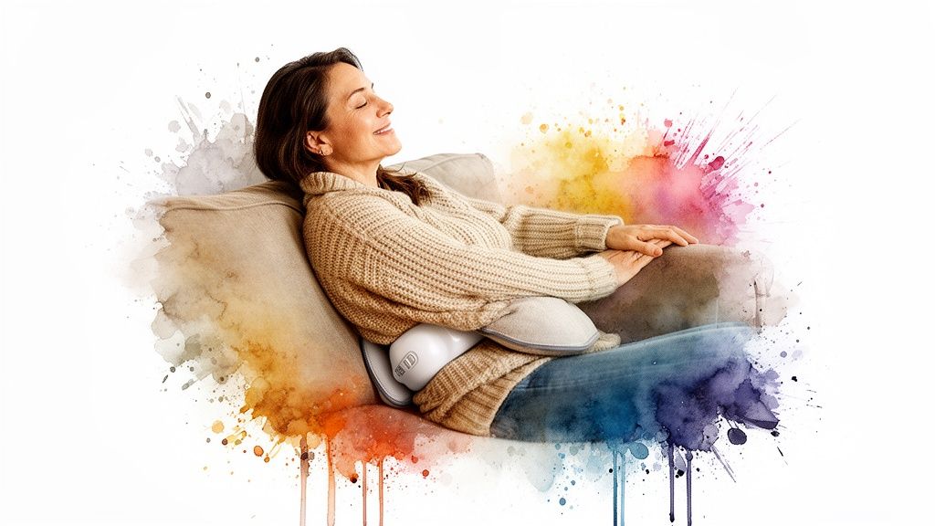 A woman relaxes on a sofa with closed eyes, using a white heating pad on her lower back.