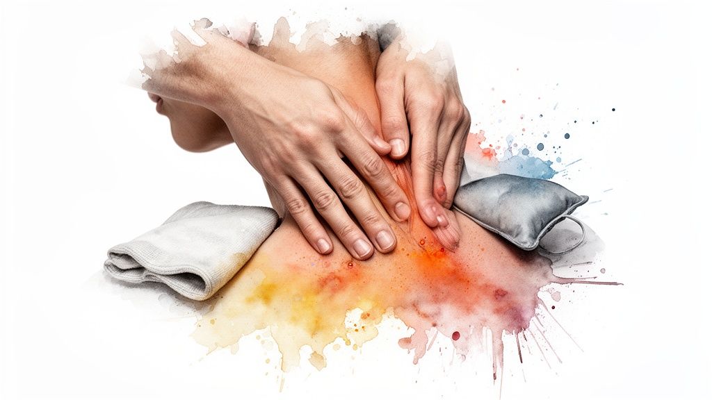 Hands gently massage a person's neck and shoulder, with a hot pack and towel nearby, illustrating natural pain relief.