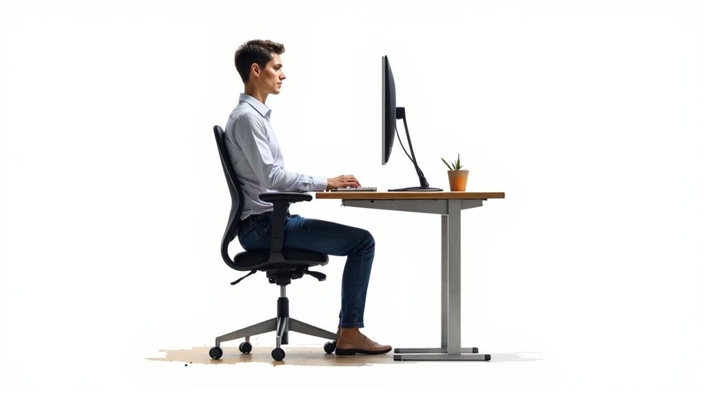 A person sitting with good posture at a desk, with their monitor at eye level.