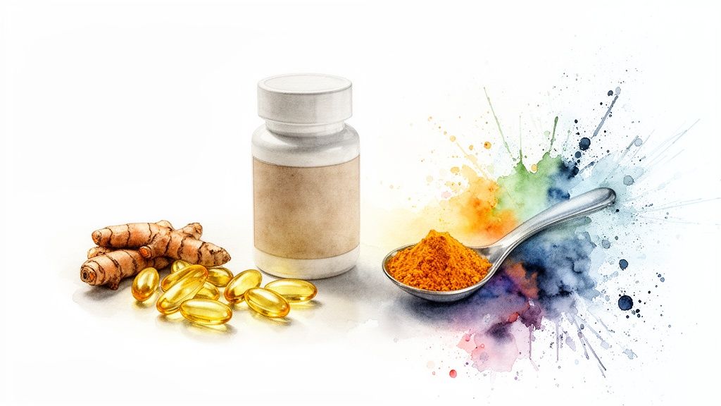Turmeric roots, golden capsules, powder on a spoon, and a supplement bottle with colorful splashes.
