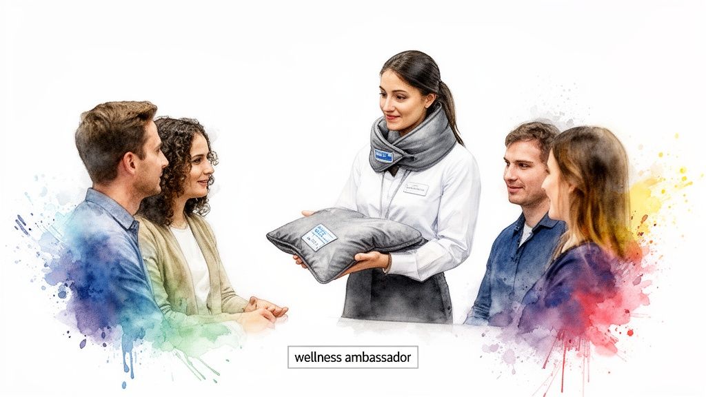 A wellness ambassador demonstrates a comfort pillow to four engaged employees during a program presentation.