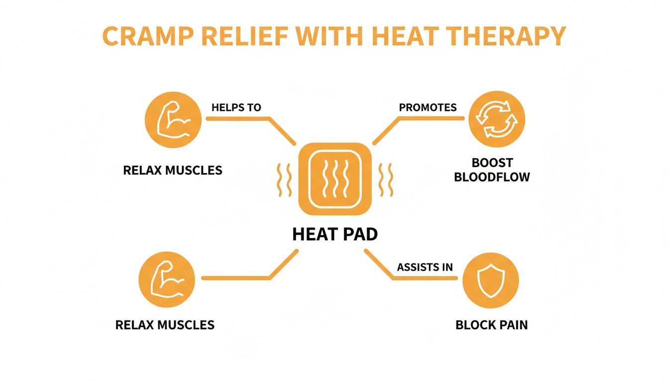 Diagram illustrating how a heat pad provides cramp relief by relaxing muscles, boosting blood flow, and blocking pain.