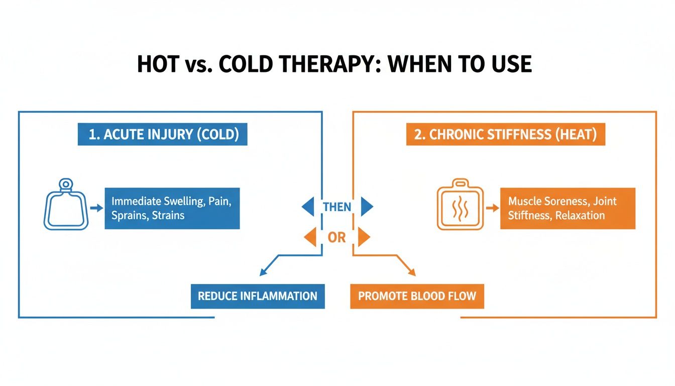 A flowchart showing when to use hot vs. cold therapy for injuries, pain, and stiffness.